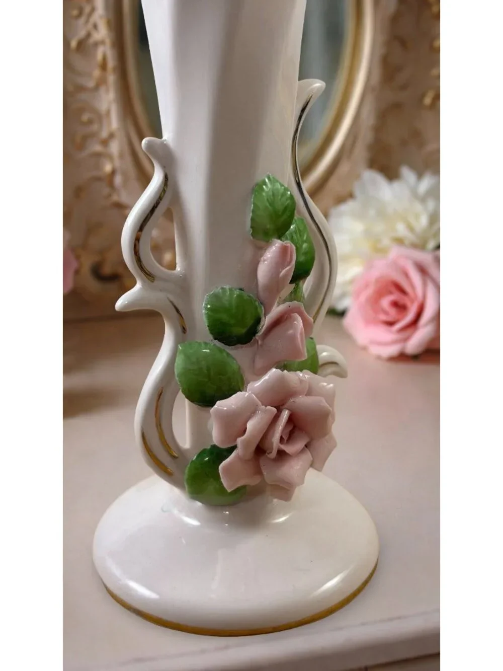 Vintage Ceramic Bud Vase With Applied Pink Roses & Green Leaves Gold Accents 6.5 - Picture 3 of 4